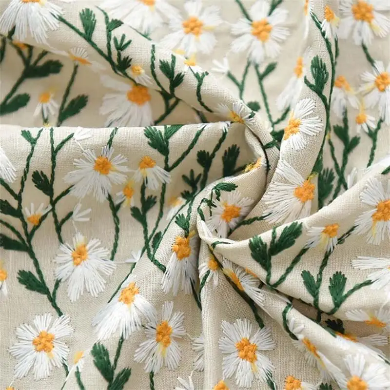 

135cm Width Three-Dimensional Small Daisy Floral Embroidery Cotton Ramie Handmade DIY Bag Tablecloth Garment Fabric