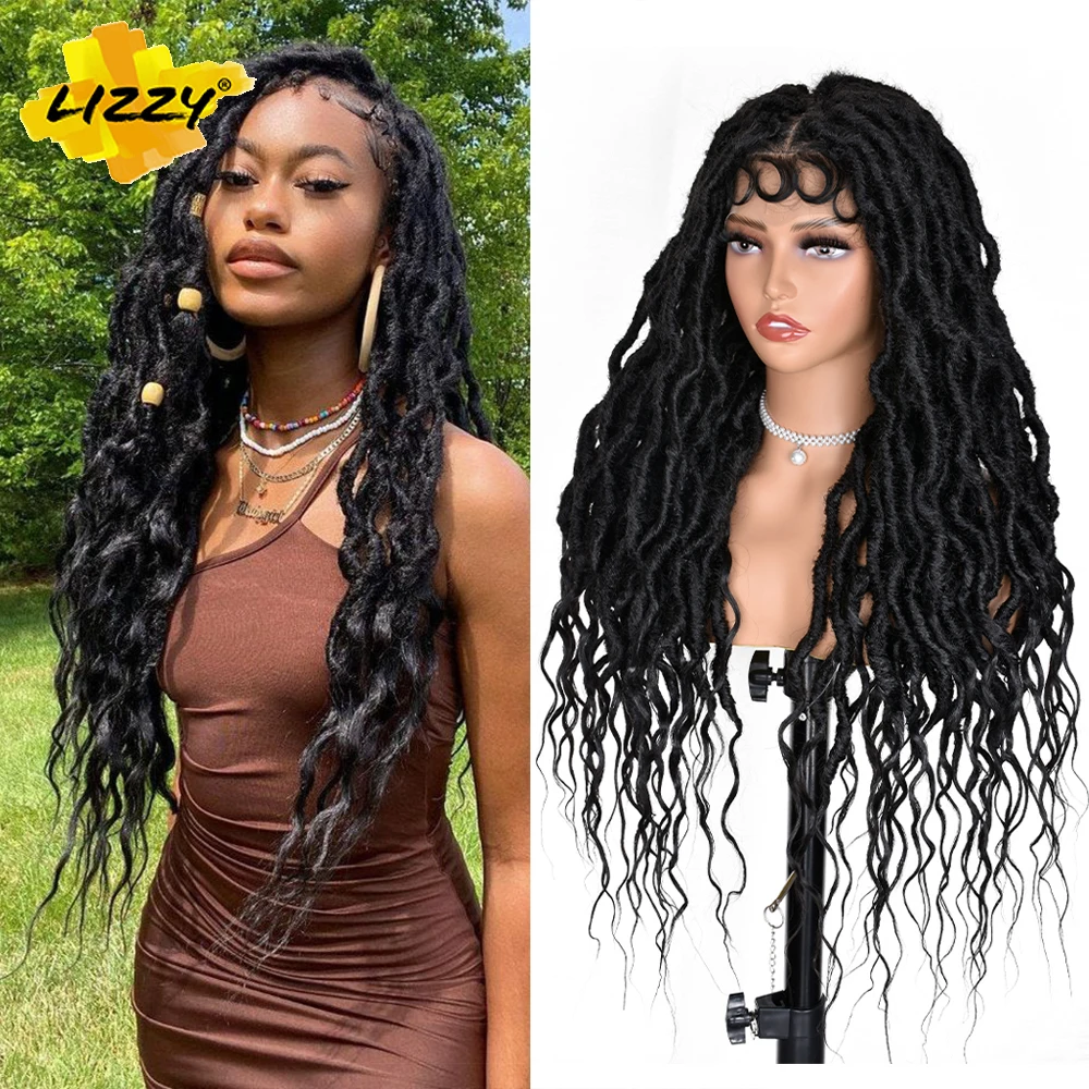 Goddess Faux Locs Crochet Hair Full Lace Wig Synthetic Braided Wigs for Black Women 32 Inches Braiding Wavy Hair Dreadlocks Wig