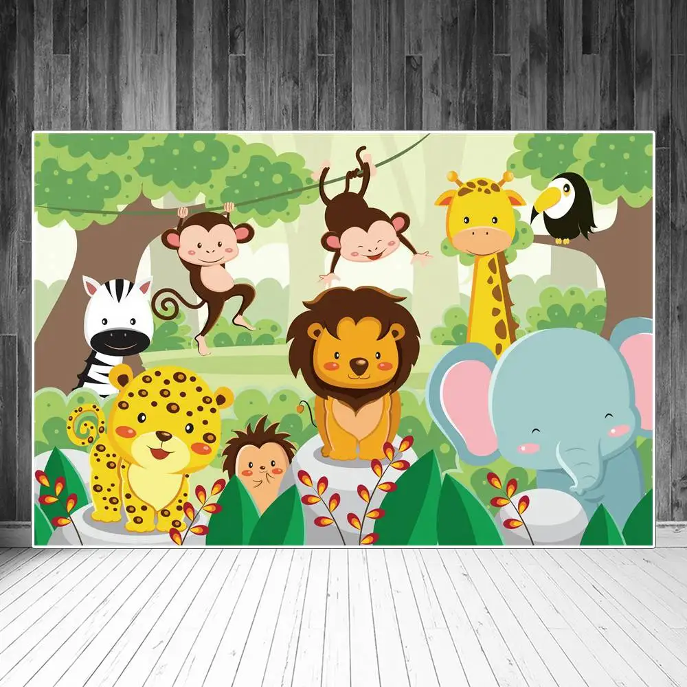 

Forest Safari Party Backdrops Photography Decoration Cartoon Animals Lion Elephant Custom Baby Photocall Photo Background Props