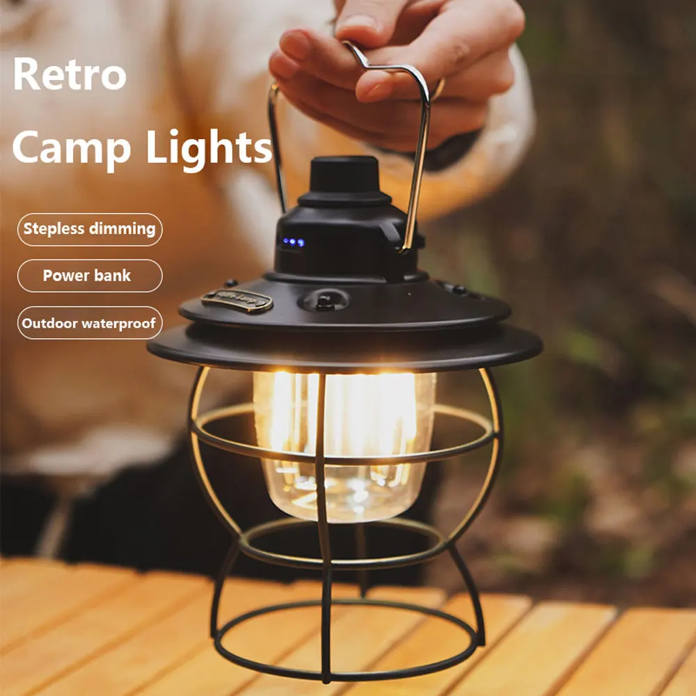 

Retro Portable Camping Light Rechargeable Light Hanging Lamp Home 3 Modes Dimmable Torch with USB Lantern Camping Lighting