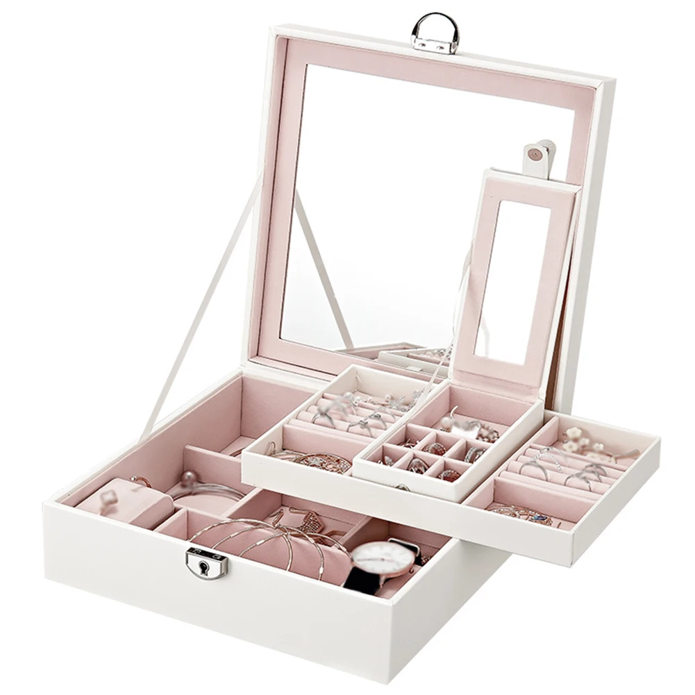 

Storage Box Mirror Home Two Layers With Lock Multifunctional Square Display Earrings Desktop Jewelry Organizer Large Capacity