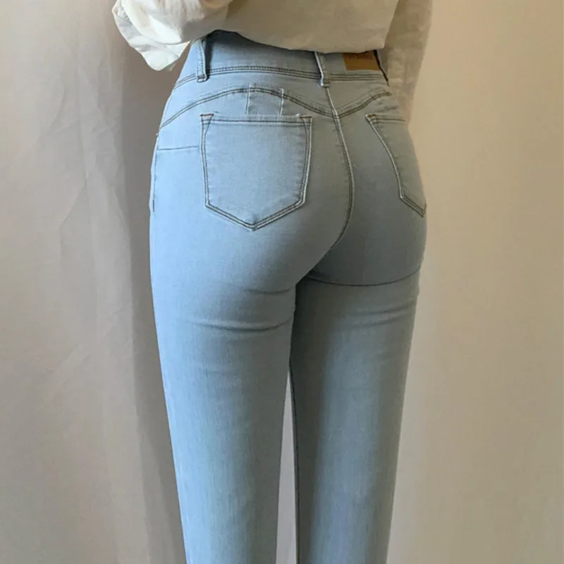 Streetwear Korean Fashion Sexy Stretch Slim Jeans Push Up Hips Elastic High Waist Blue Denim Pants Casual Trousers Summer Women