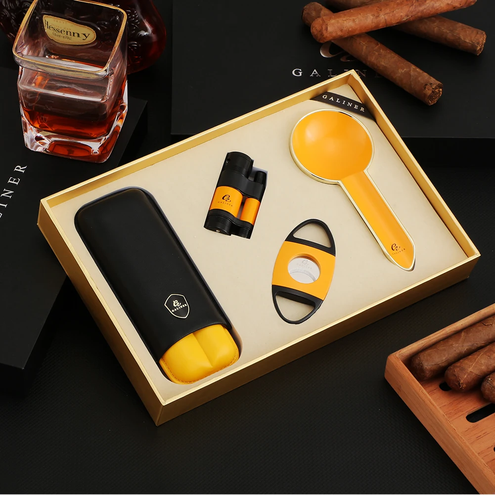 

GALINER Leather Cigar Case With Metal Ashtray Cigar Lighter Cutter Set Accessories Luxury 4 Smoking Tool Cigar Ashtrays