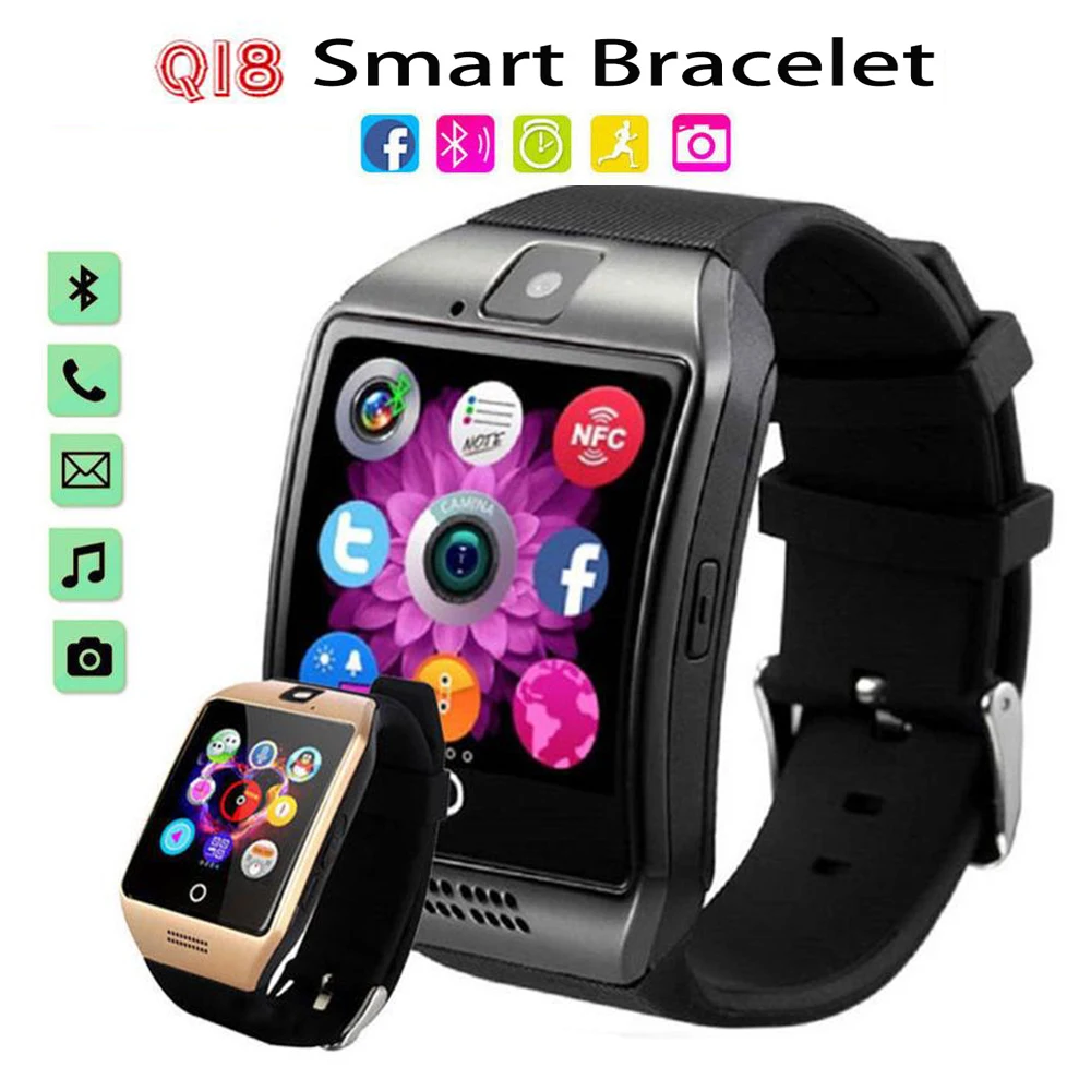 

Q18 Bluetooth-compatible Smart Watch With Cam Facebook Whatsapp Twitter Sync Sport Smartwatch Support SIM Card PK DZ09 A1 T900