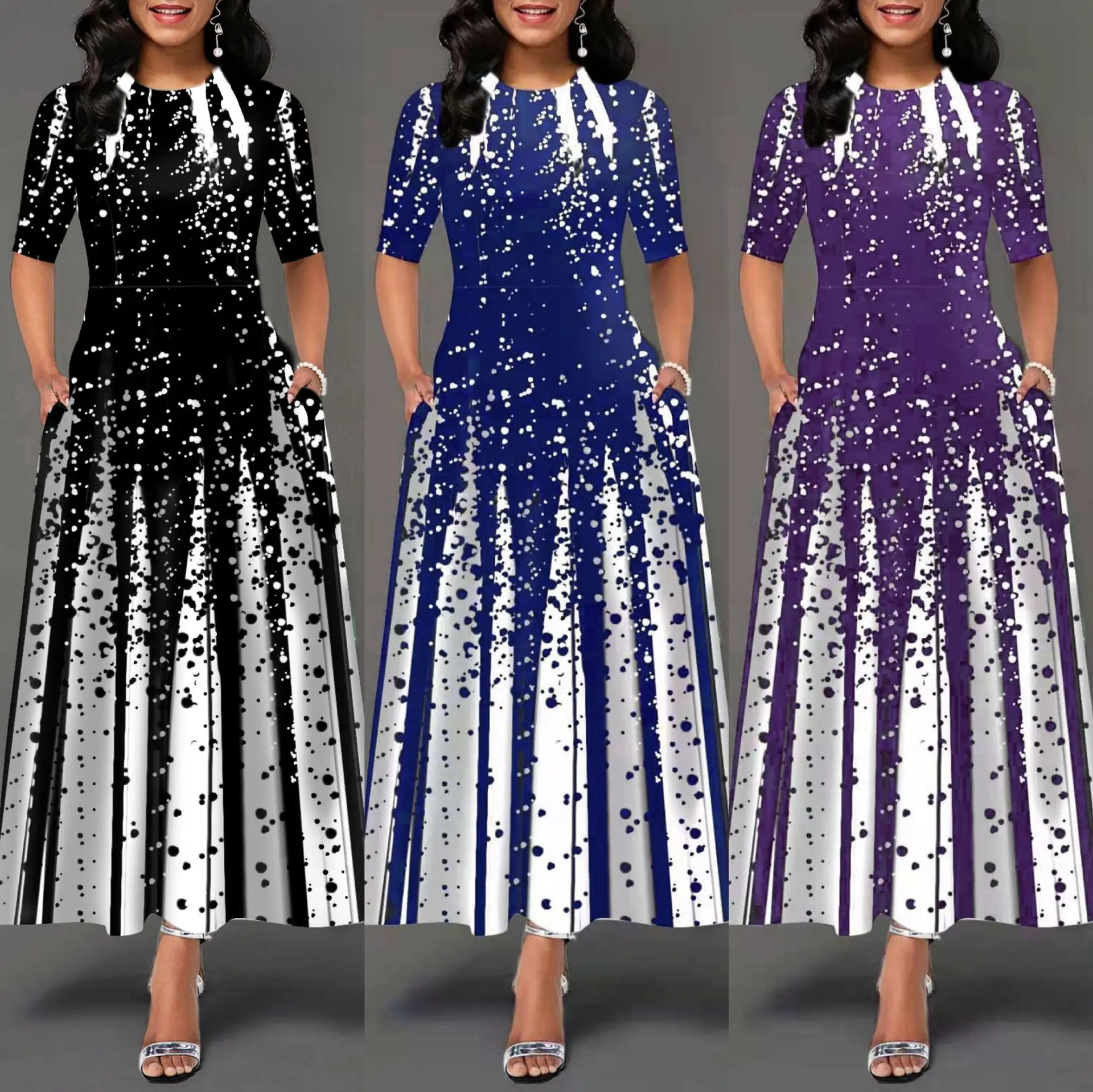 

Womens Crew Neck Dots Printed Maxi Dress Ladies Party Formal Evening Dresses UK