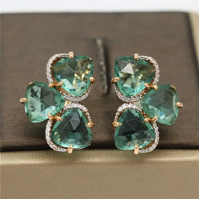 

585 purple gold plated 14K inlaid emerald foliage earrings for women temperament fresh and exquisite glamour party jewelry
