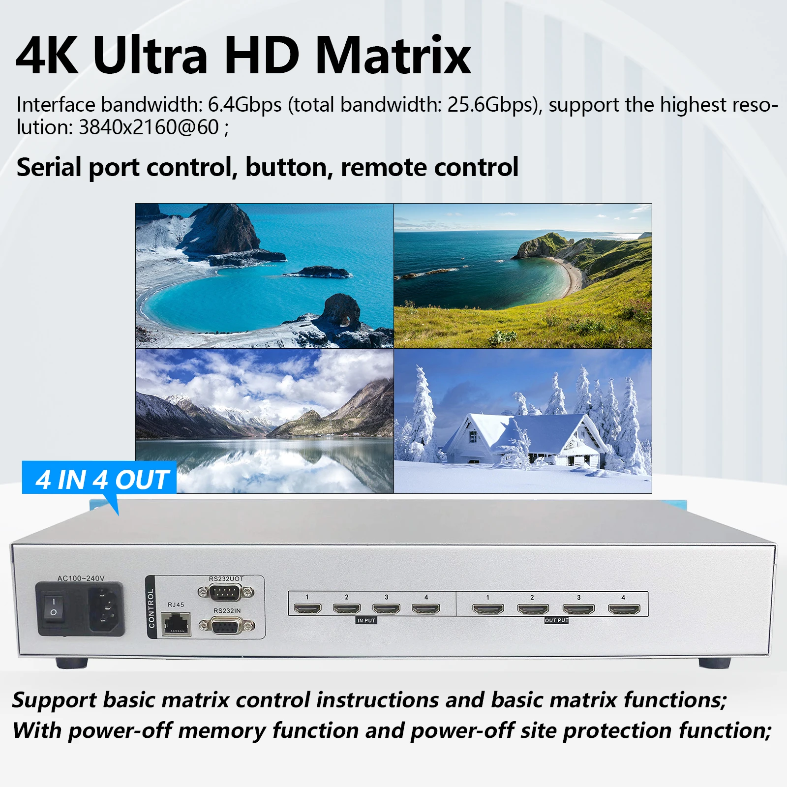 HDMI Matrix Switcher 4x4 4K60Hz Professional Rack HDMI Matrix Switch Splitter Support HDCP2.2(HDMI2.0)/EDID/RS232/TCP/IP Control enlarge