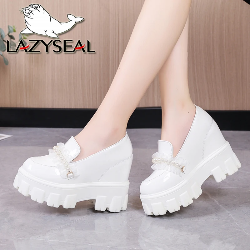 

Lazyseal Luxury Pearls Design Women Loafers 6cm Wedge Patent Leather Ladies New Shoes Height Increasing Platform Casual Shoes