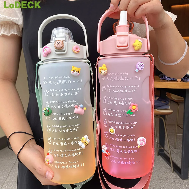 

1.5/2L Water Bottle With Time Marker Girl Fitness Jugs Large Capacity Mug Summer Outdoor Travel Cup Sports Gym Drinking Tumbler