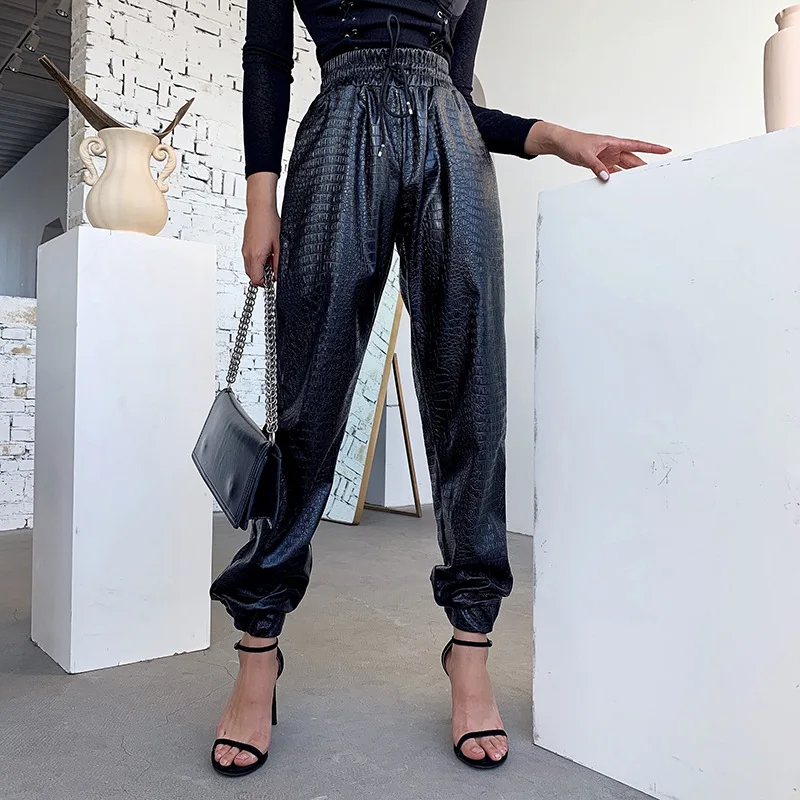

wsevypo Women PU Leather Harem Pants Fashion Vintage Drawstring High-Waist Black Trousers Autumn Winter Office Pants Streetwear
