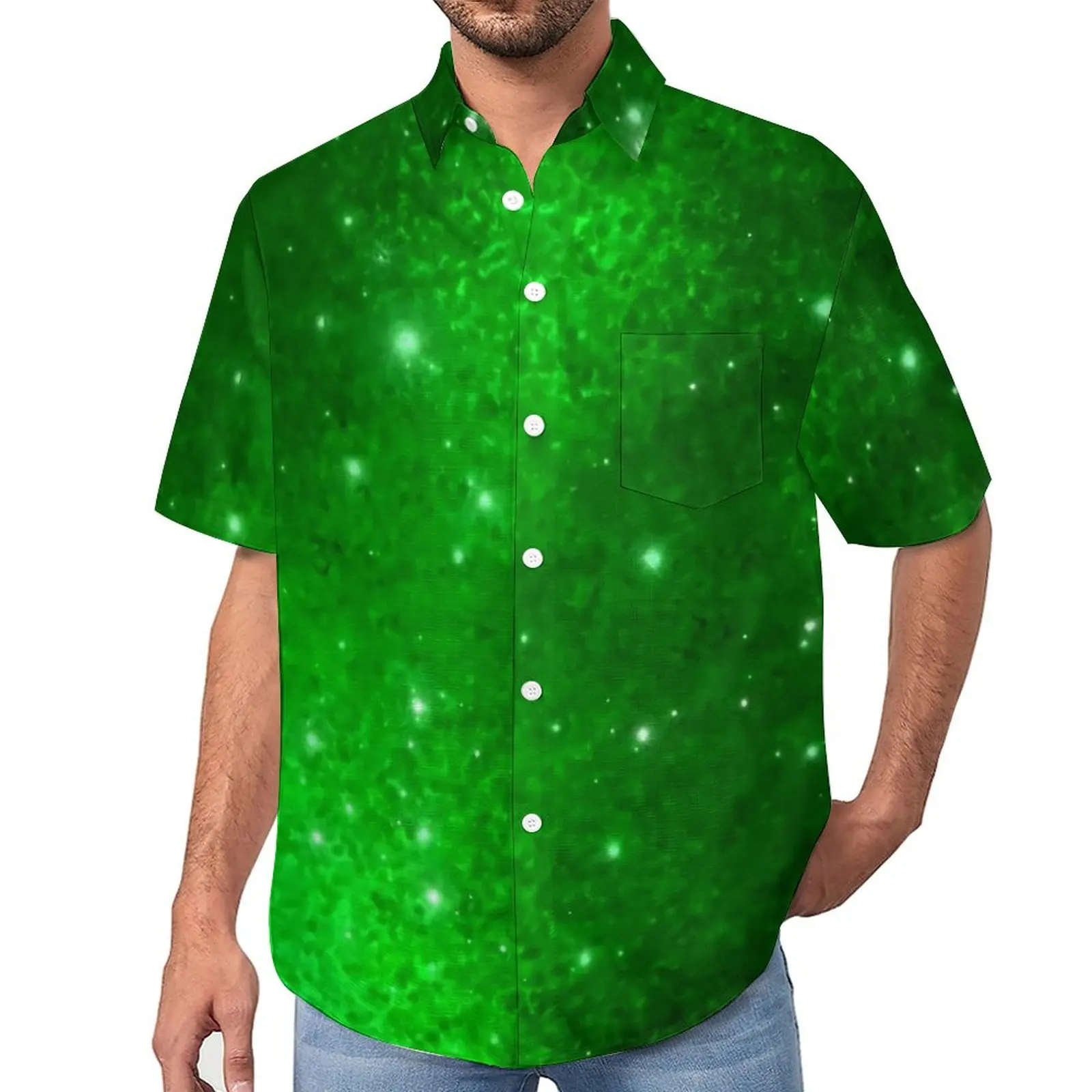 

Green Galaxy Casual Shirt Stars Print Vacation Loose Shirt Hawaii Novelty Blouses Short Sleeve Custom Oversize Tops