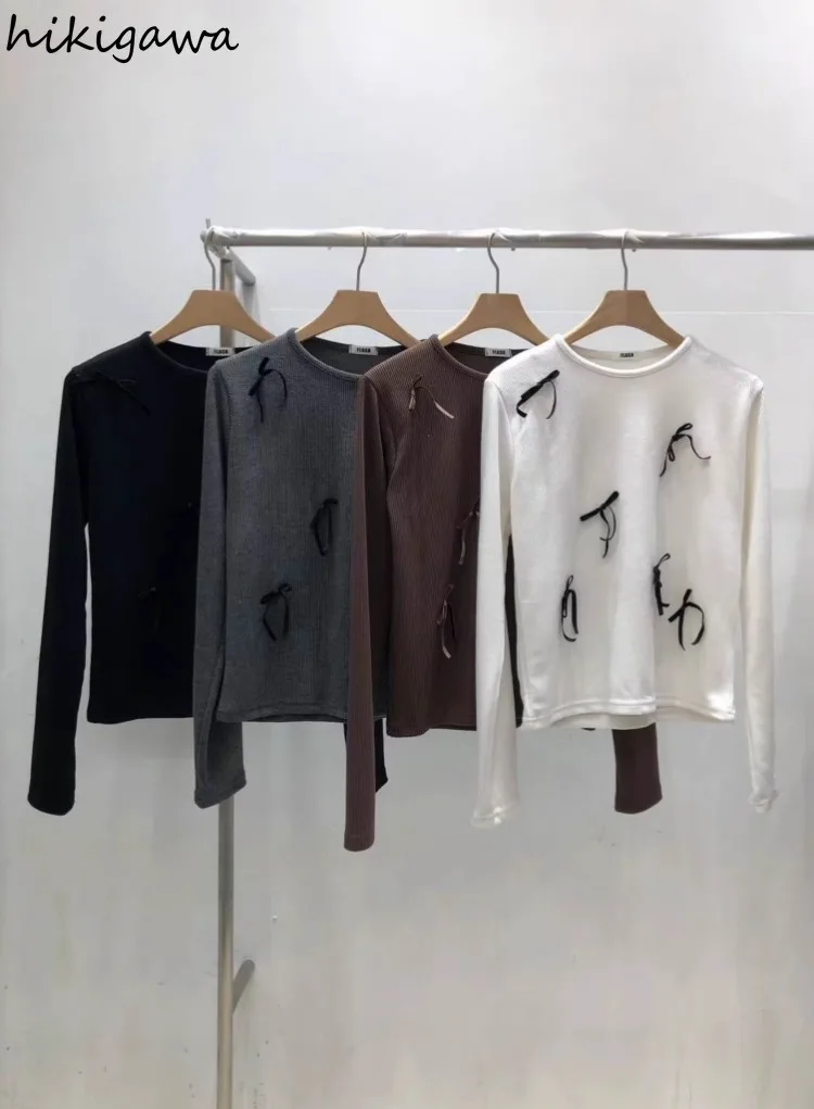 Укороченные топы корейские футболки для женщин хлопковые с длинным рукавом и