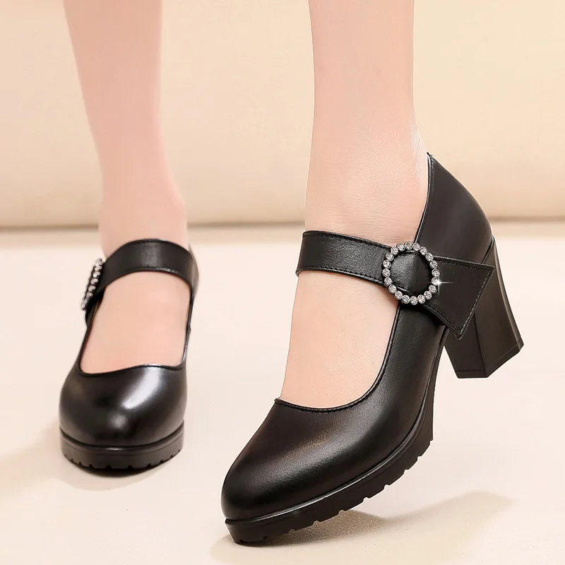 

7cm Small Size 33-43 Shallow Fall Med Block Heels Shoes Mary Janes Women 2023 Genuine Leather Shoes Platform Pumps Office Mom
