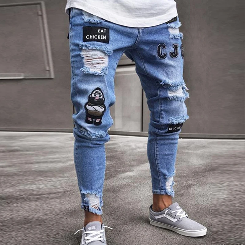 White Blue Black Jeans men's Stretchy Ripped Skinny Biker Embroidery Print Jeans Destroyed Hole Slim Fit High Quality Jean