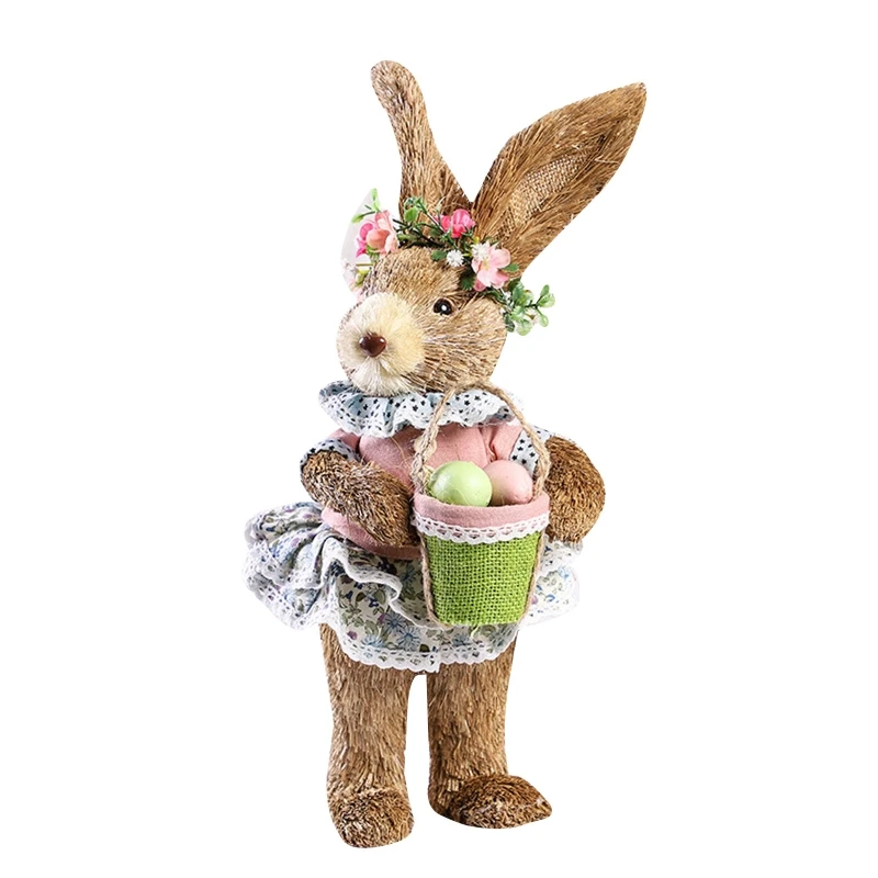 

Easter Lifelike Rabbit Ornament Artificial Straw Bunny with Egg Standing Doll