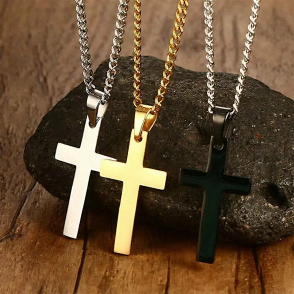 

Cross Pendant Necklace Stainless Steel Plated Silver Gold Men Women Cuban Chain
