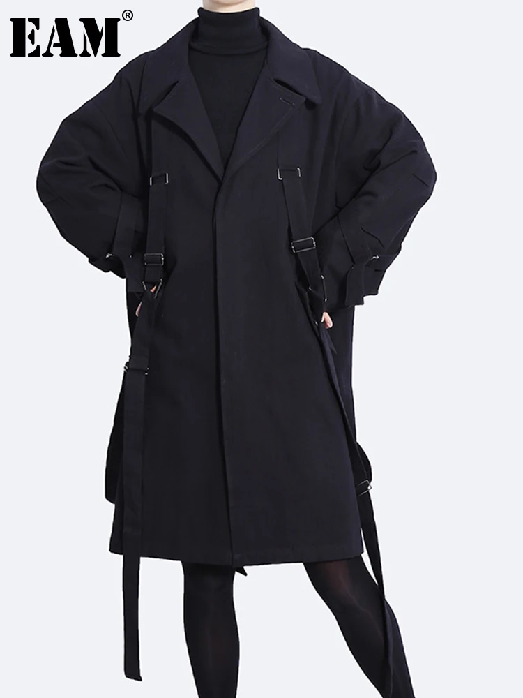 

[EAM] Loose Fit Black Bgi Size Long Ribbon Jacket New Lapel Long Sleeve Women Coat Fashion Tide Spring Autumn 2022 1DF2354