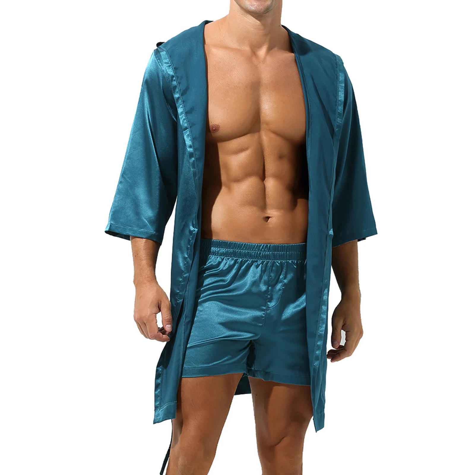 CLEVER-MENMODE Men Sexy Pajamas Sleepwear Bathrobe Satin Thin Pijama Hombre Kimono Hooded Dress Bath Long Robe Nightwear