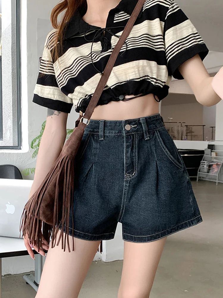 Women Vintage Wide Leg High Waist Denim Shorts Spring Summer Female Streetwear Loose Button Jeans Shorts Bottoms
