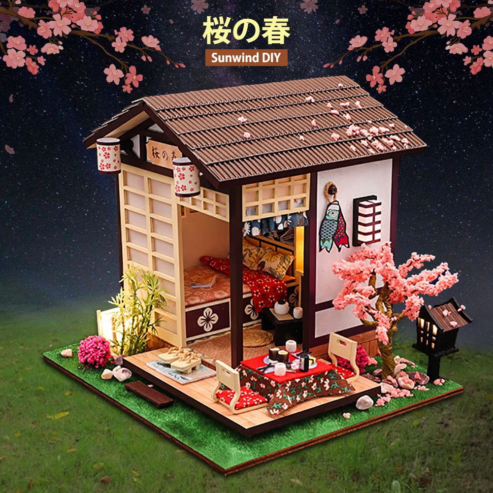 BZDA DIY Wooden Dollhouse Japanese Sushi Restaurant Sakura Assembled Miniature With Furniture Doll House Puzzle Toy For Children | Игрушки и