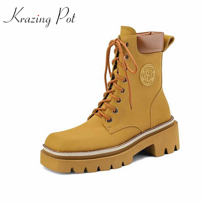 

Krazing Pot Cow Leather Leisure Round Toe Thick Heels Punk Rock Winter Cowboy Western Boots Lace Up Rivets Platform Ankle Boots