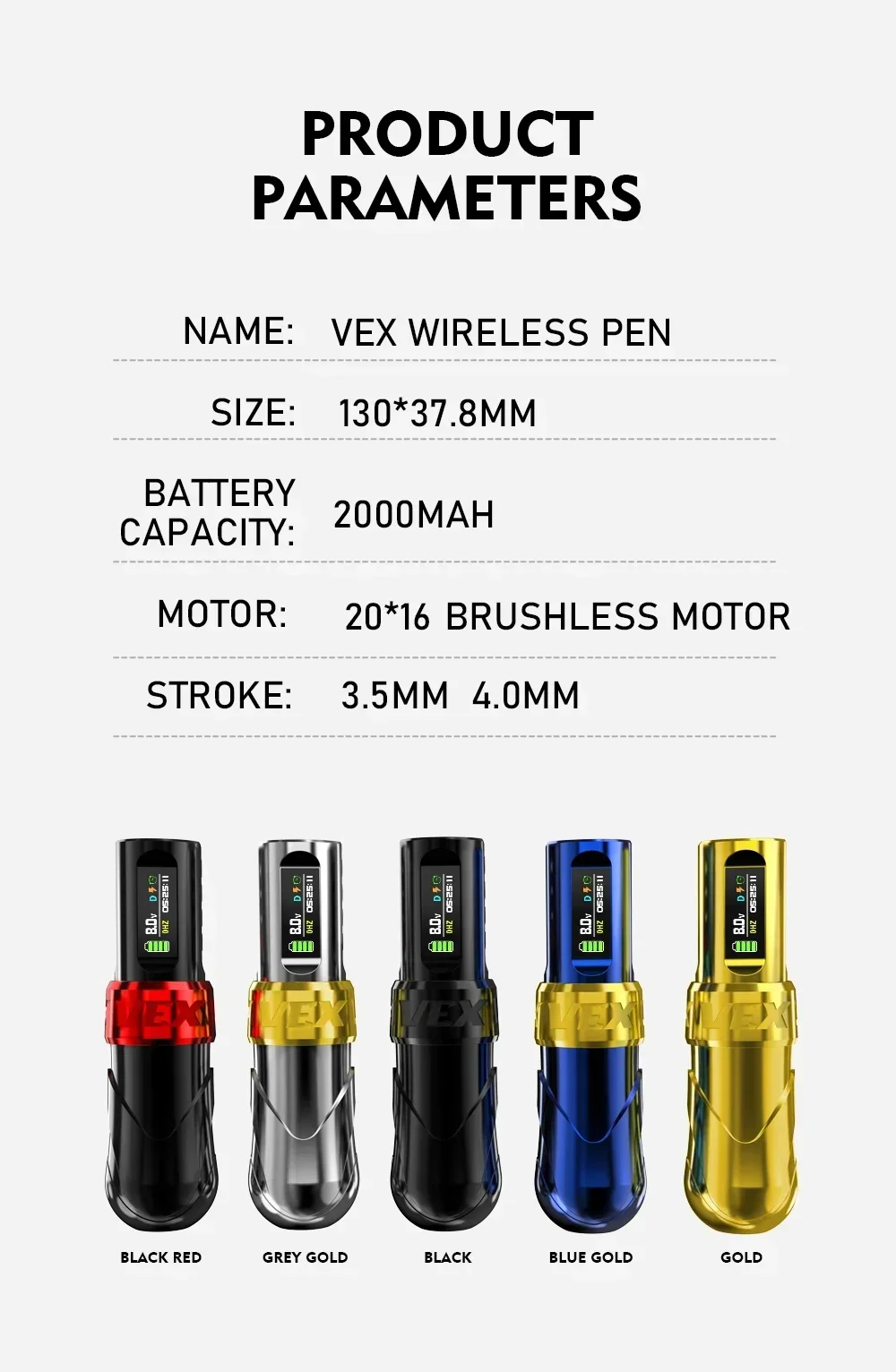 bezpośrednio z fabryki VEX nowy kolorowy ekran bezszczotkowy silnik cyfrowa bezprzewodowa maszynka do tatuażu 3 5 mm 4 0