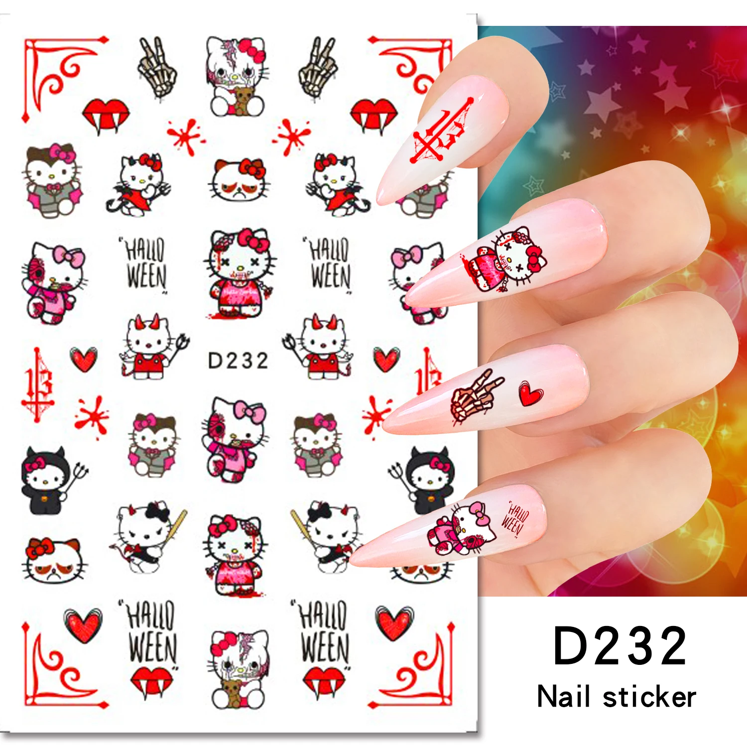 

1PCS Halloween Cartoon Hello Kitty 3D Nail Stickers Nail Art Supplies Sanrio Anime Nail Art Decoration New Horror Series Sticker