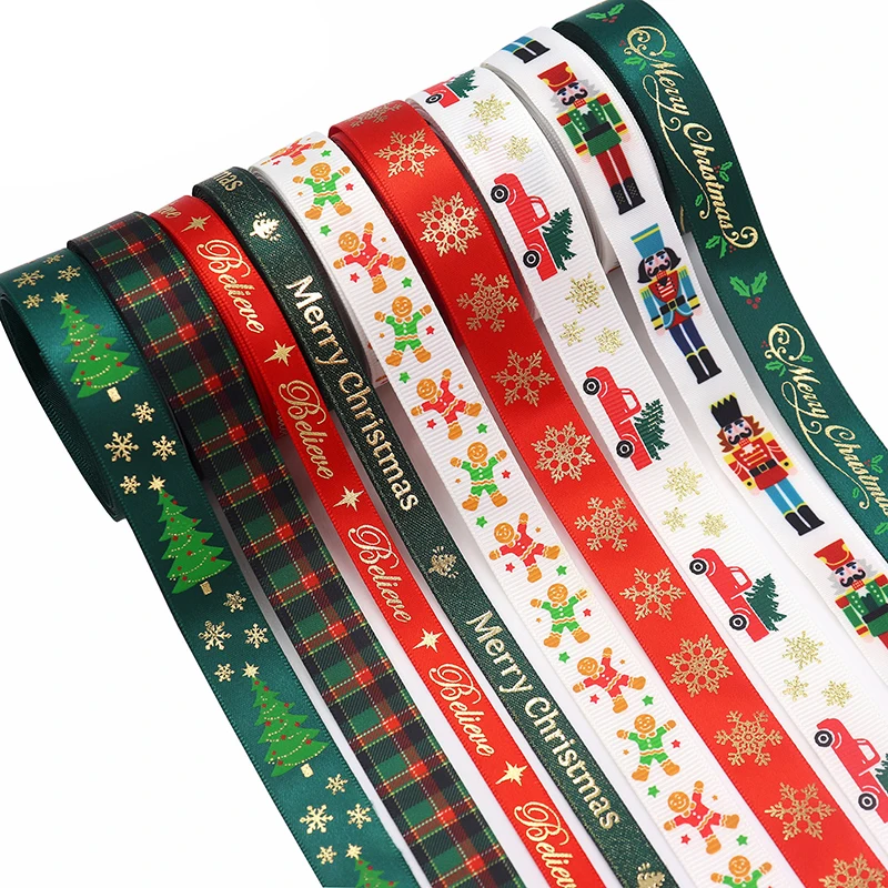 

10 Yards 10mm Christmas Ribbon Printed Grosgrain Ribbons for Gift Wrapping Wedding Decoration Hair Bows DIY
