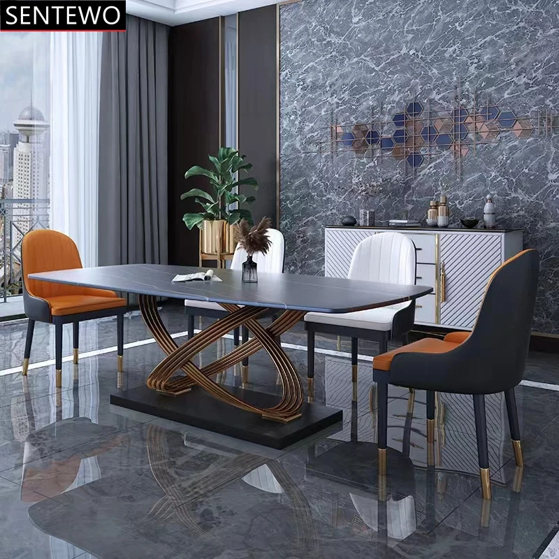 

Luxury Rock Slab Dining Tables Chair Set Stainless Steel Gold Base Faux Marble Table Dinner Chair Set Meubles De Salle A Manger