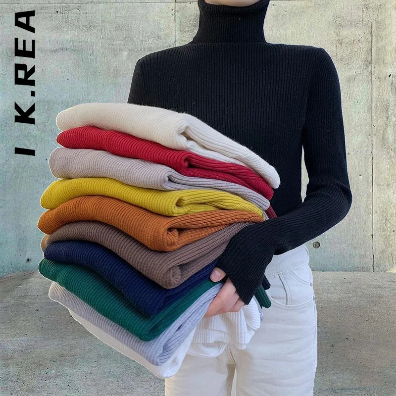 

I K.Rea Women Pullover Turtleneck Sweater Long Sleeve Slim Elastic Winter Korean Sweater Simple Basic Jumper Solid Color Top