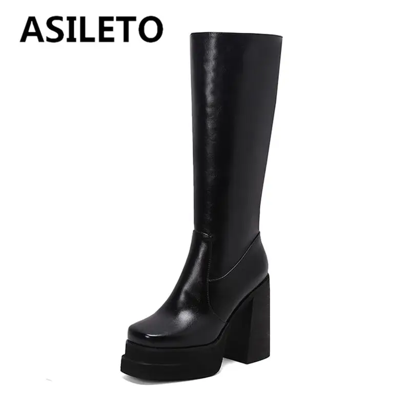 ASILETO Женские сапоги для верховой езды с квадратным носком на массивном каблуке 12