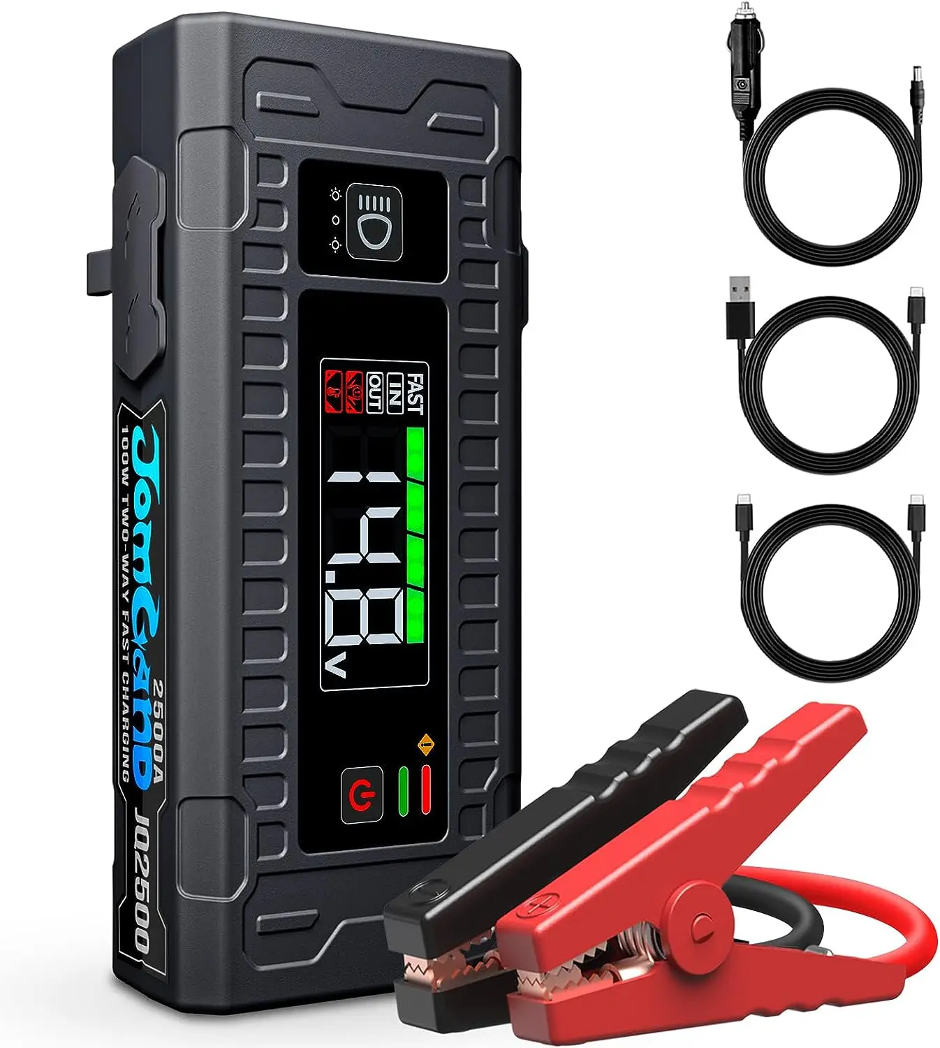 

Jump Starter, 100W Two-Way Fast Charging, 2500Amp 12V Lithium Car Booster, 5-inch LED Display, Spark-Proof Jumper Cable, IP65 R