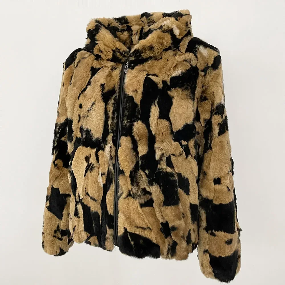 Женская куртка с капюшоном и леопардовым принтом из натурального кроличьего