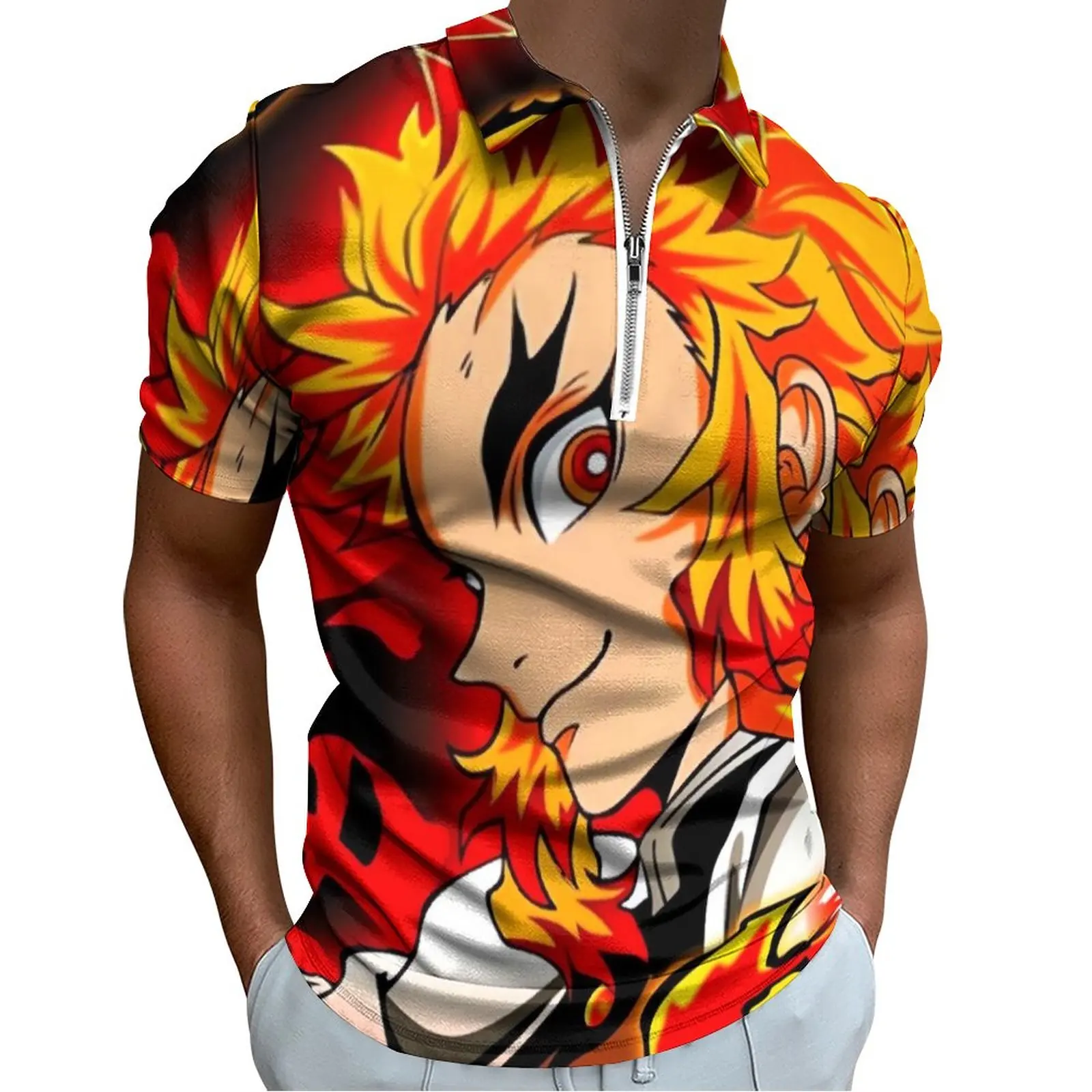 

Demon Slayer Casual Polo Shirts Rengoku Kyojuro Anime T-Shirts Men Short-Sleeved Shirt Beach Novelty Oversize Tops Birthday Gift