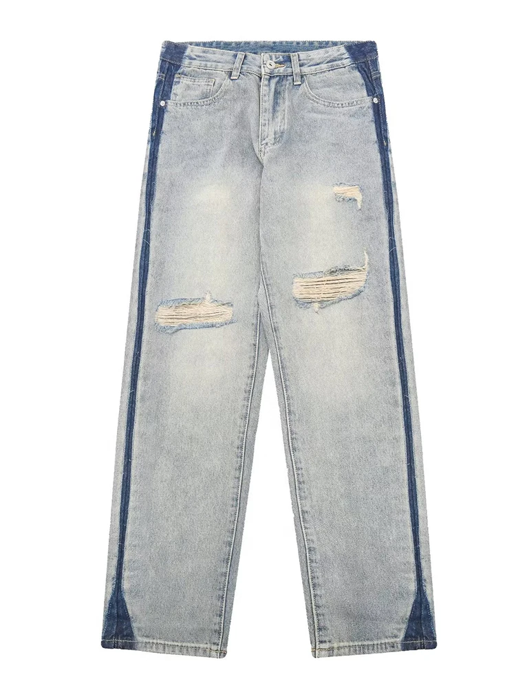 Vintage High Street Hip Hop Tattered Jeans Oversized Side Striped Straight Denim Pants Washed Knee Ripped Denim Jeans for Men