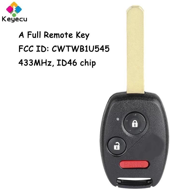 

KEYECU Auto Remote Head Car Key With 2+1 3 Buttons 433MHz ID46 Chip for Honda Pilot 2005 2006 2007 2008 Fob FCC ID: CWTWB1U545