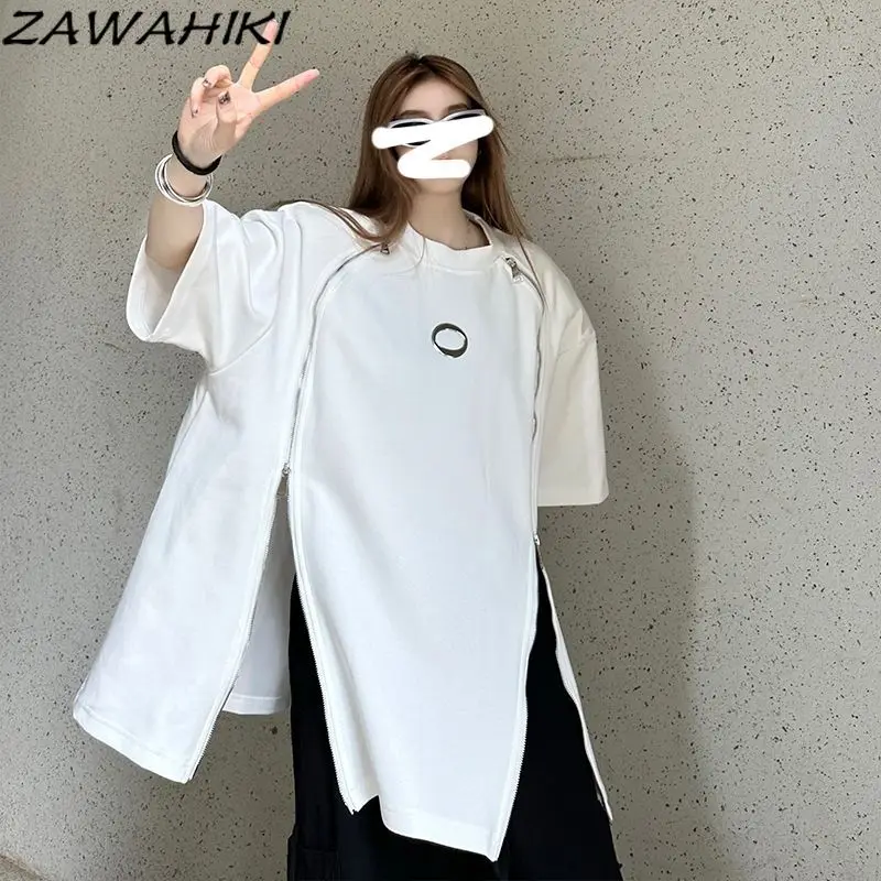 

Женская футболка на молнии, с коротким рукавом и круглым вырезом