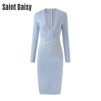 saintdaisy elegant female bodycon dress 2022 spring free shipping evening sexy v neck knee length long sleeve button robe 00102