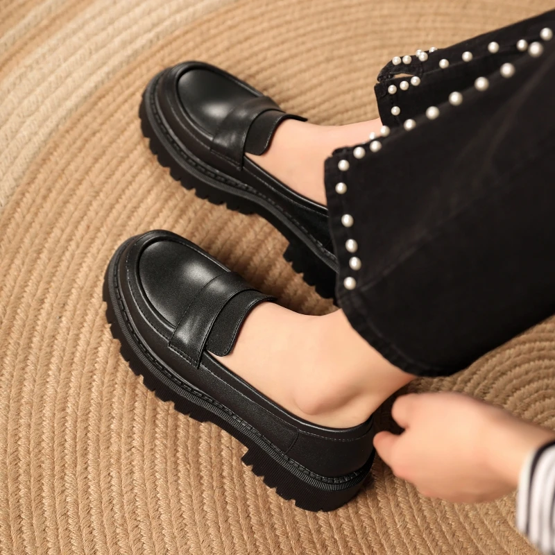 2023 Women British Style Shoe Thick Soled College Lady Footwear Casual Loafers Spring Autumn Genuine Leather Fashion Girls Shoes