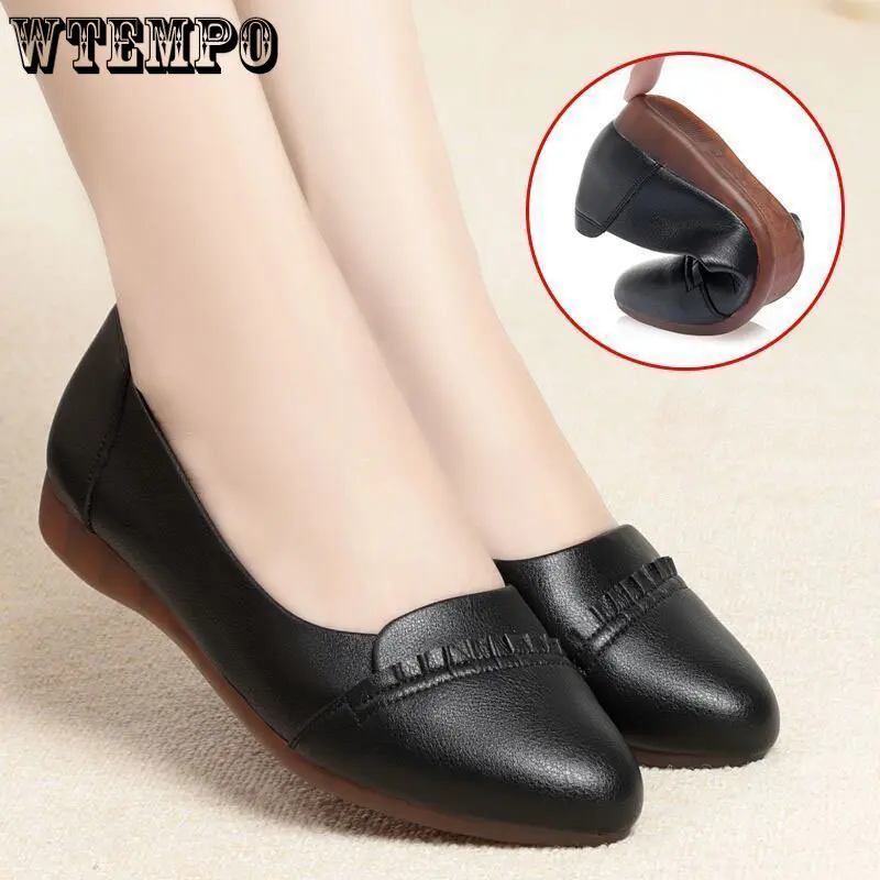 WTEMPO Spring Women Pumps Shoes Pointed Toe Women Flat Shoes Solid Color Slip on Casual Shoes Soft Comfort Pu Leather Wholesale