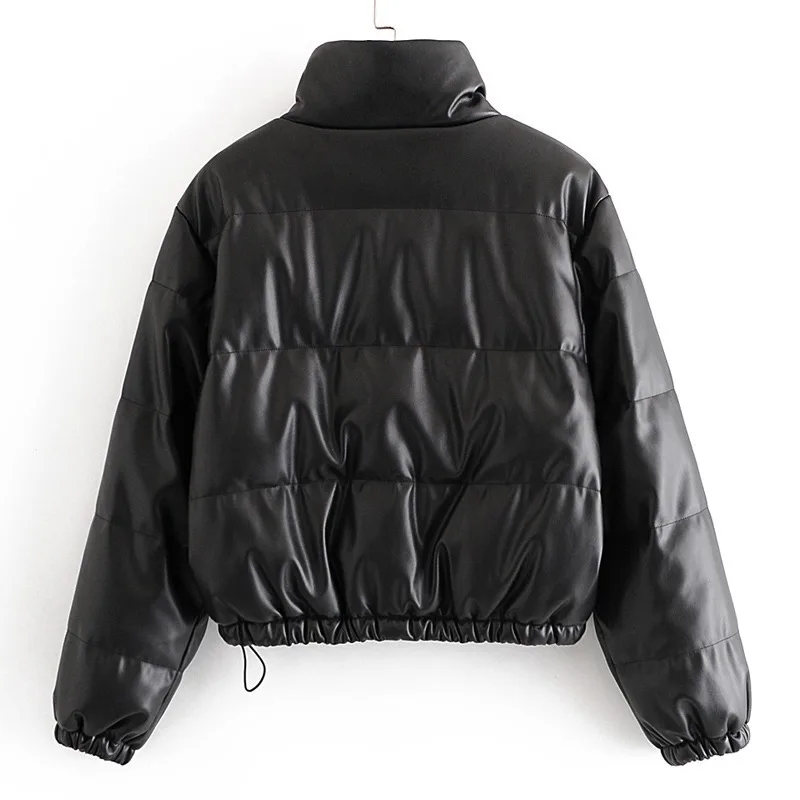 Women Casual High Waist Short Cotton Jacket Female Black Wild Thin Zipper Cotton Stand Collar Imitation Leather Cotton Coat New
