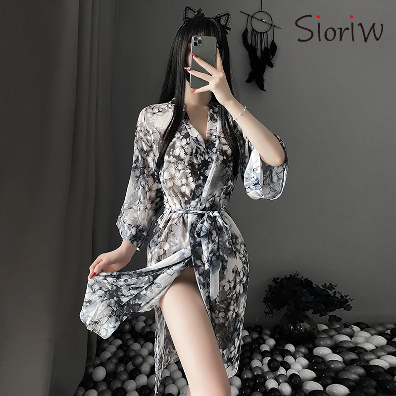 

Сексуальная одежда для взрослых, японское женское кимоно, косплей, юката, цветочный сексуальный принт, платье, кардиган, Униформа, соблазнит...