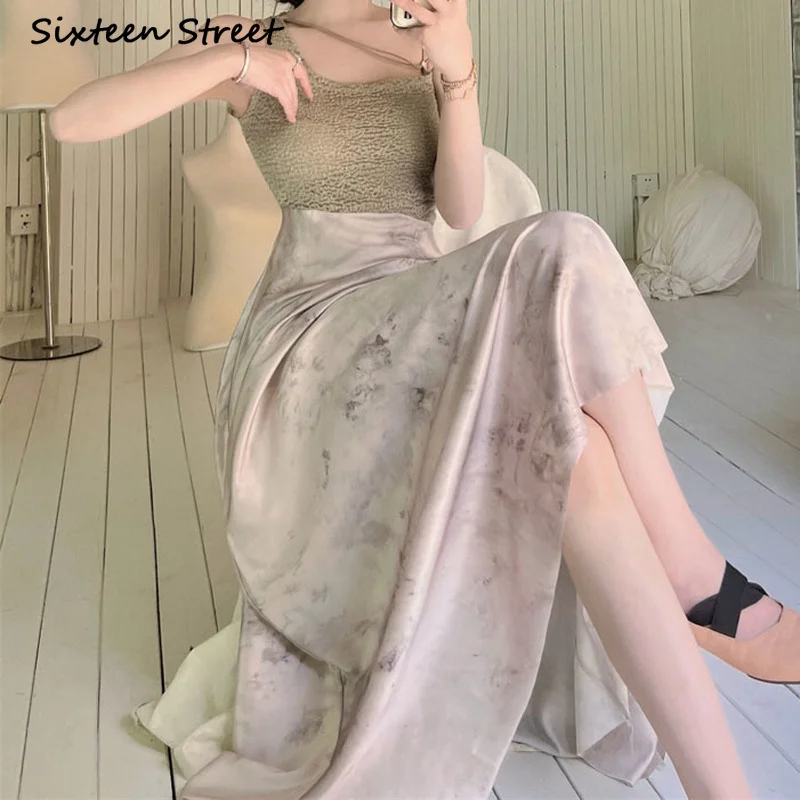 

High Quality Satin Suspender Maxi Dresses for Women Summer High Waist Lace Splicing Design Lace Korean Style Skirt Y2k Aesthetic