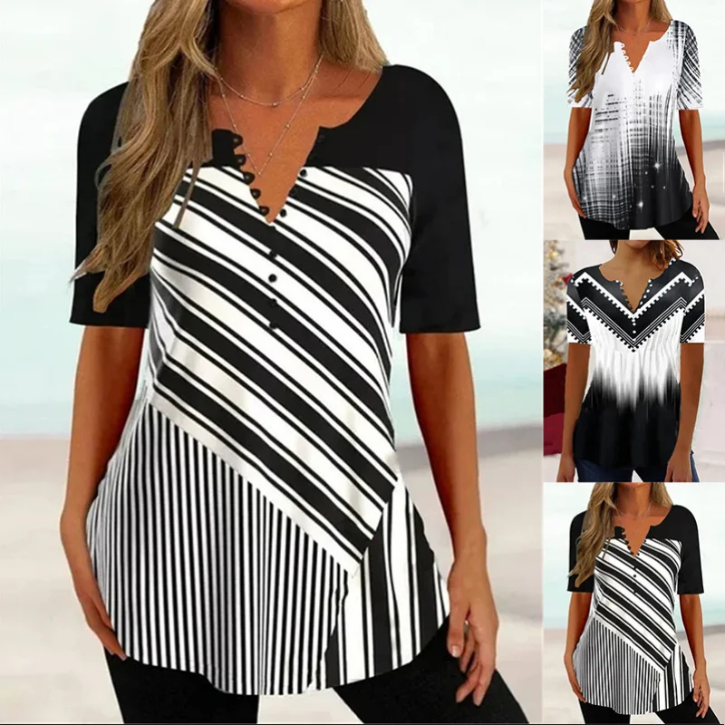 

2023 Summer New Women's Sexy V-Neck Pullover Striped Print Button T-Shirt Plus Size Fashion Comfortable Casual Top S-5XL