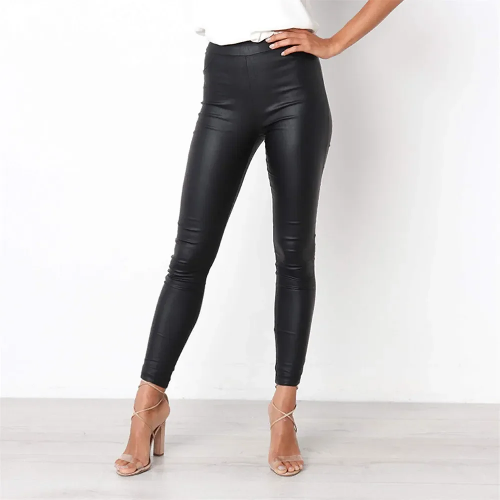 

Trendy Women's Leggings Lady's Faux Leather High Wrist Solid Black Pants Casual & Comfortable Modis Pencil Stretch L