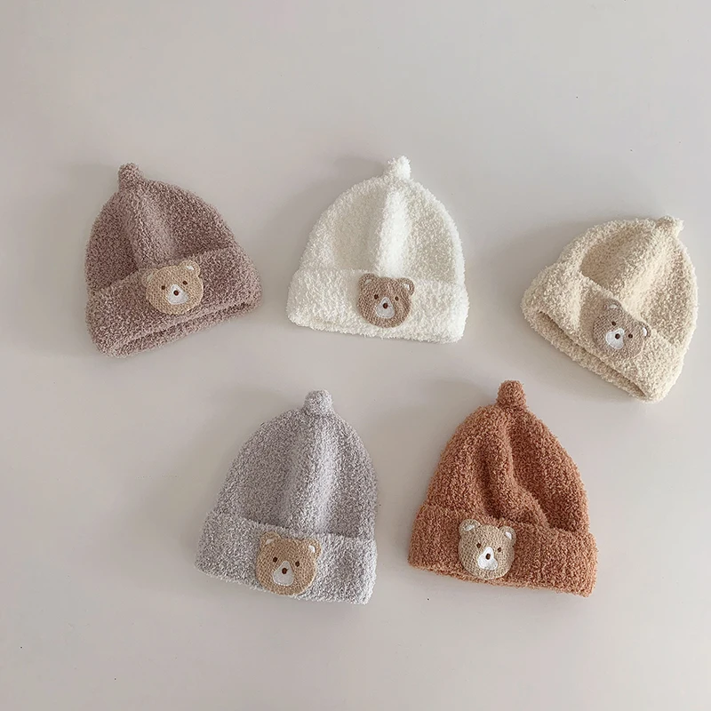 

Children's Knitted Pacifier Hat Autumn Winter Soft Cute Bear Coral Fleece Hat Baby Warm Wool Baby Cap Warm Stuff Accessories