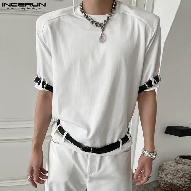 

Casual Simple Style Tops INCERUN New Men's Belt Design Solid O-Neck T-shirts Handsome Male Cropped Short Sleeved Camiseta S-5XL