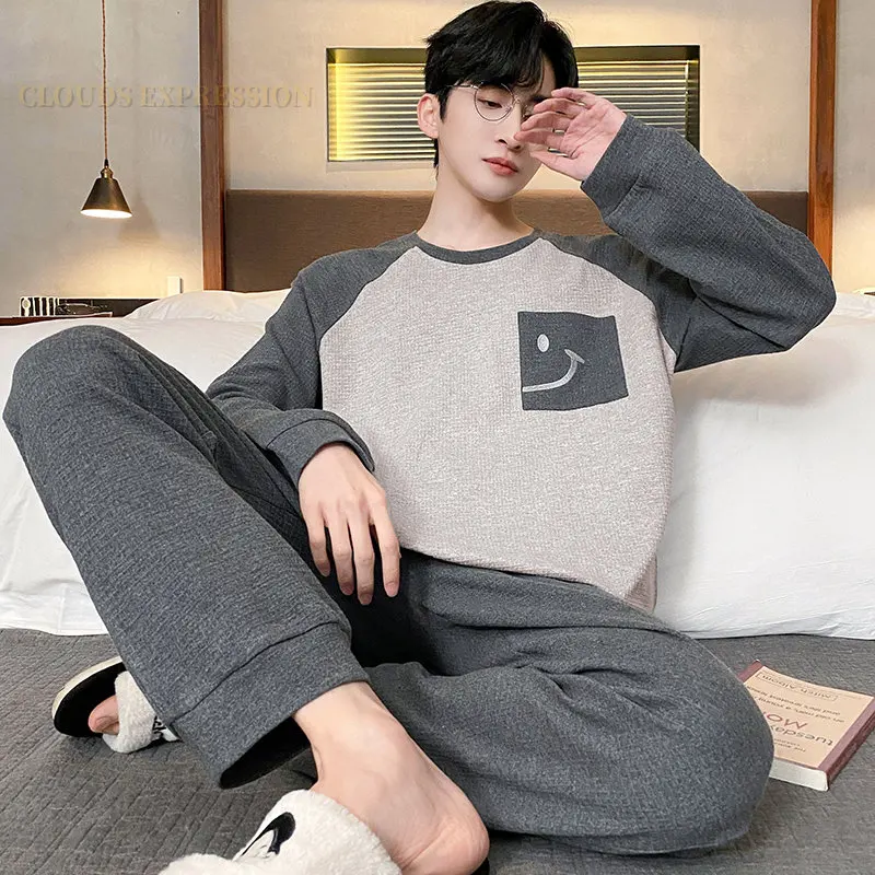 

Spring Autumn Waffle Weave Cartoon PJ Mens Pajama Sets Pyjamas Matching Sleep Loungewear Male Sleepwear Suits Pajamas Fashion