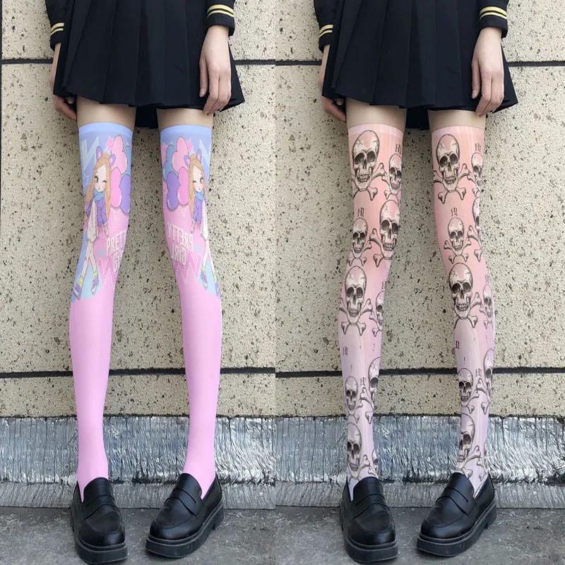 

Ladies Socks Kawaii Cartoon Print Stockings White Pantyhose Lolita Socks Bottoming Pantyhose
