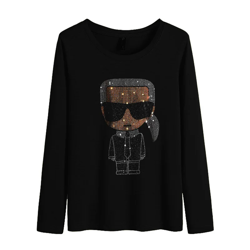 

Spring Fashion Character Cartoon Hot Drill High-quality Cotton Women's Tees Black Round Neck Long-sleeved All-match Top T-shirt